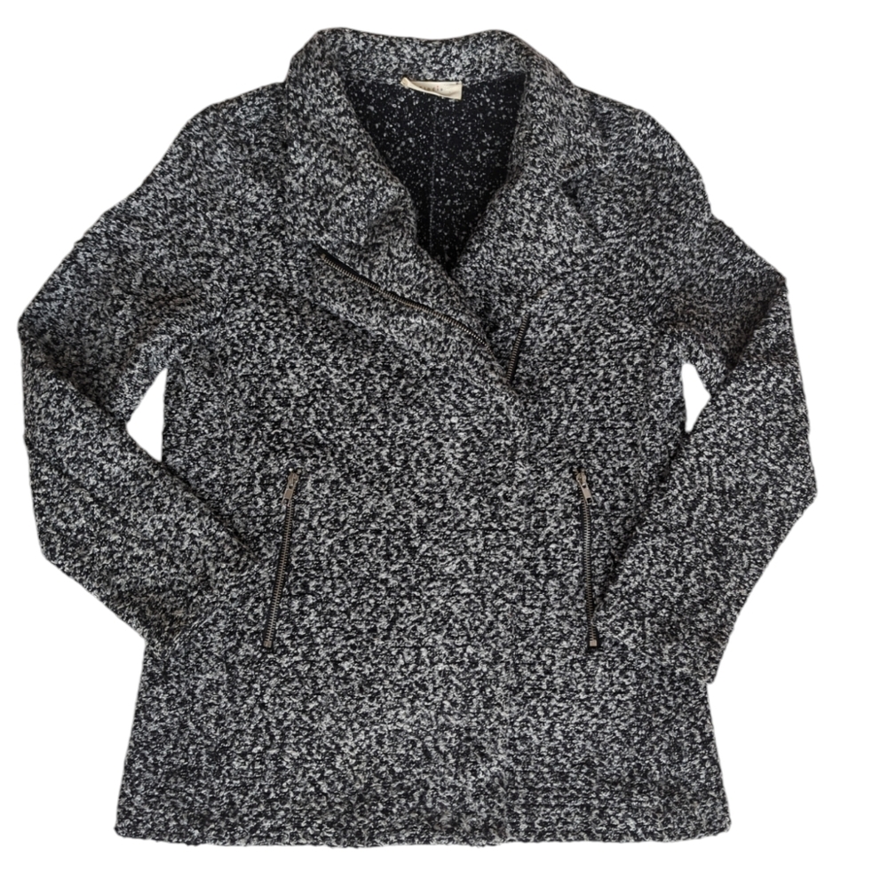 Elodie Asymmetrical Zip Tweed Look Collared Moto Jacket MEDIUM Black White